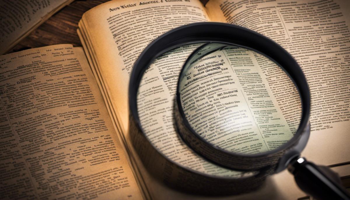 The image shows a researcher examining news articles through a magnifying glass, symbolizing the meticulous process of fact-checking.