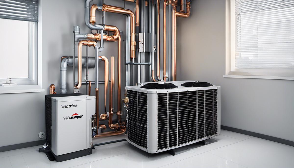 A visual representation of a heat pump system, with arrows showing the transfer of environmental heat for heating and cooling purposes.